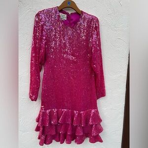 Vintage 80’s SEQUINS Hot Pink Cocktail Dress/ 80’s PINK Sheath Dress Size 6
